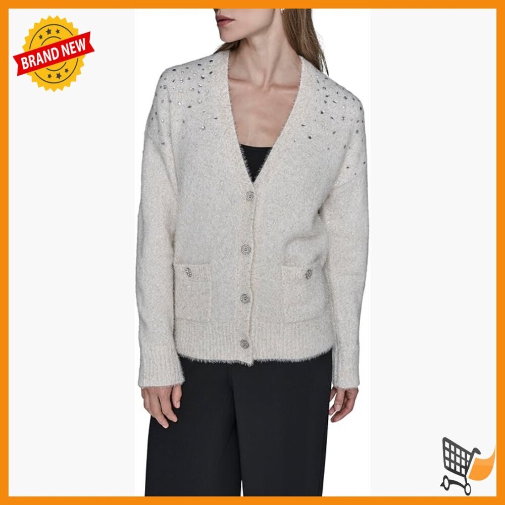 Long Sleeve V-Neck Bejeweled Cardigan Sweater Hand Wash Only